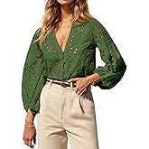 Tankaneo Womens Deep V Neck Eyelet Blouses 3/4 Balloon Sleeve Button Down Hollow Out Fall Shirts