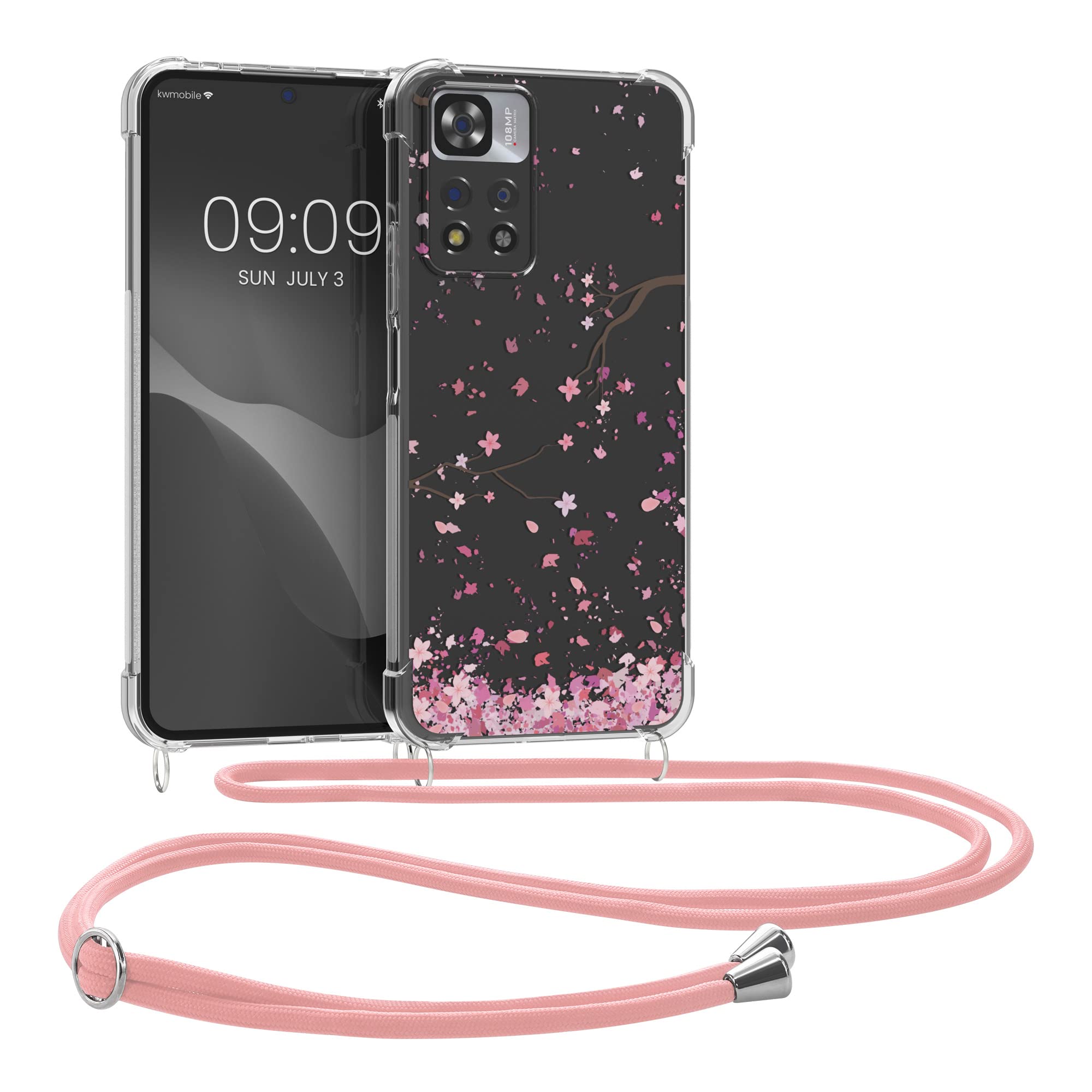 kwmobile Crossbody Case Compatible with Xiaomi Redmi Note 11 Pro+ 5G / Note 11 Pro Plus 5G Case Strap - Cherry Blossoms Pink/Dark Brown/Transparent