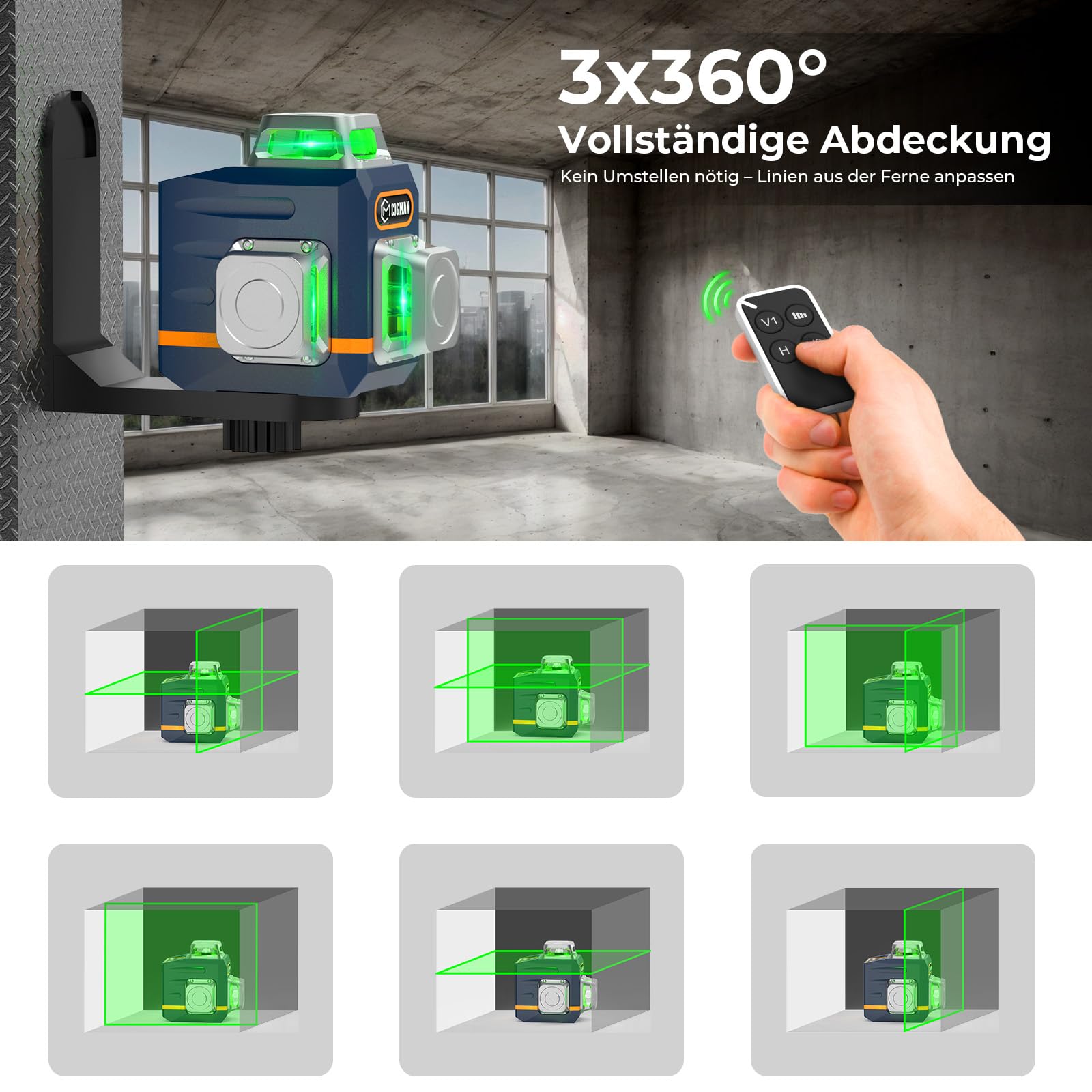 Kreuzlinienlaser mit Stativ, CIGMAN 3x360 Grad Grün Selbstnivellierend Laser Wasserwaage mit 1,2m -Aluminium-Baustativ, Baulaser Kreuzlaser Linienlaser bis zu 30 Stunden mit Lithium-Batterie,CM701T 2