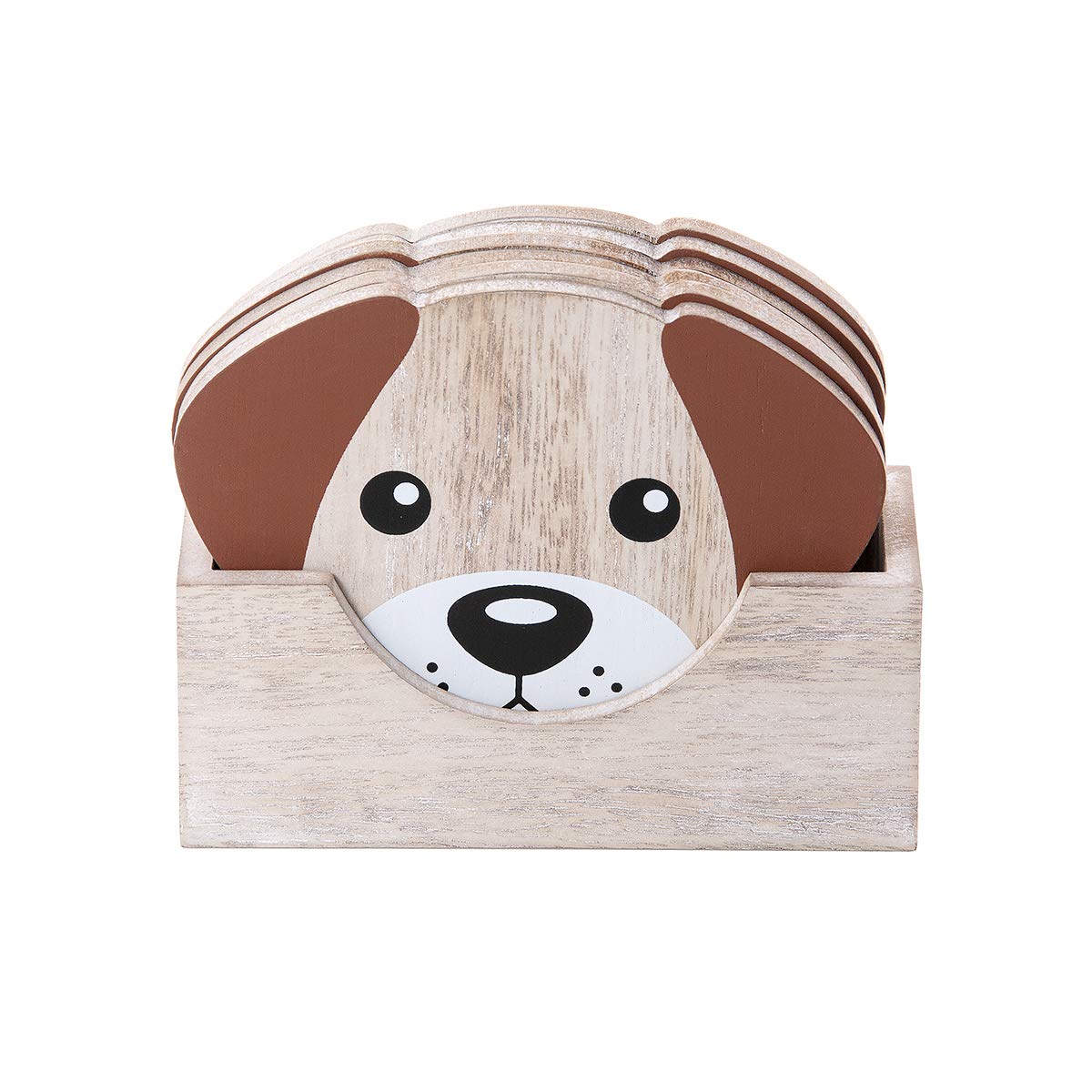 SPOTTED DOG GIFT COMPANY Cute Coaster Set of 6 with Holder, Wooden Dog Coasters Cup Mats for Drinks Glass Coffee Tea Mug, Decorative Kitchen Accessories, Gifts for Dog Lovers - Brown