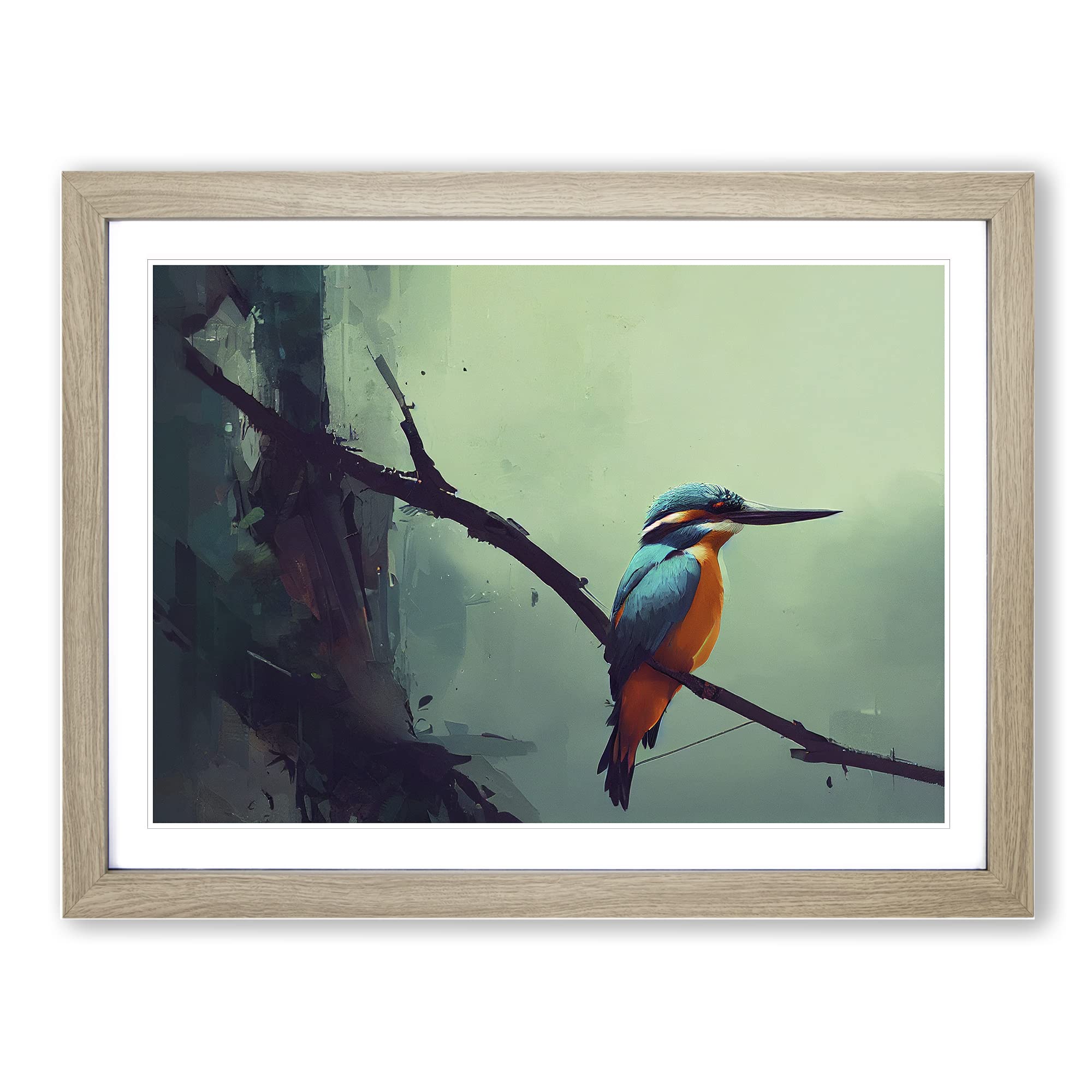 Kingfisher Bird Art Painting Vol.4 Framed Print | A4 Oak Framed Wall Art | Ready to Hang | Modern Historical Picture | Living Room Bedroom Lounge Office