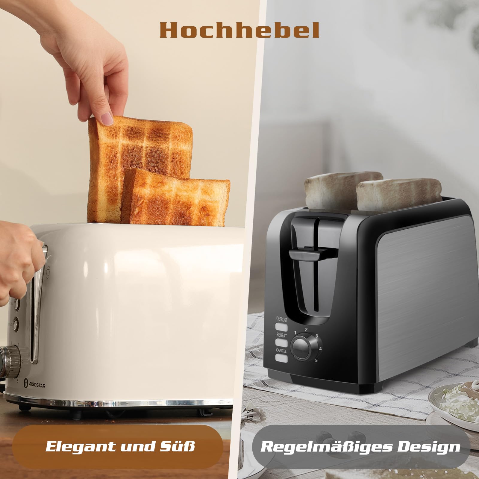 Aigostar Toaster 2 Scheiben, Retro Edelstahl Creme, 4 Funktionen (Bagel/Auftauen/Aufwärmen/Abbrechen), Extra Breite Toastschlitze, 6 Bräunungsstufen, Liftfunktion, 800W. Retro Cream 5