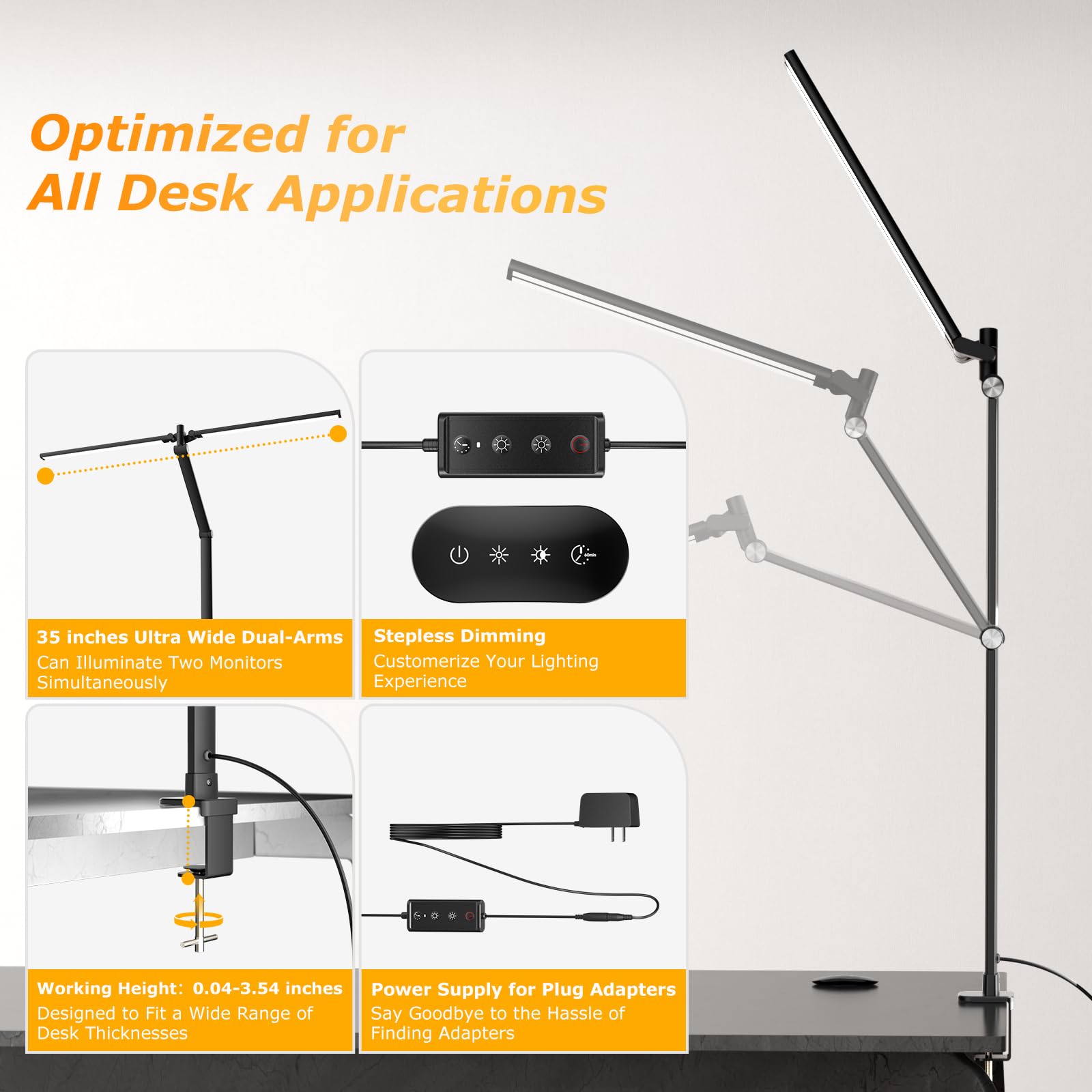 LED Desk Lamp for Home Office, Eye Caring Architect Desk Light with Remote, Dual Screen Computer Monitor Light with Stepless Dimming, Stepless Color Temp, Memory Function for Study, Workbench Black