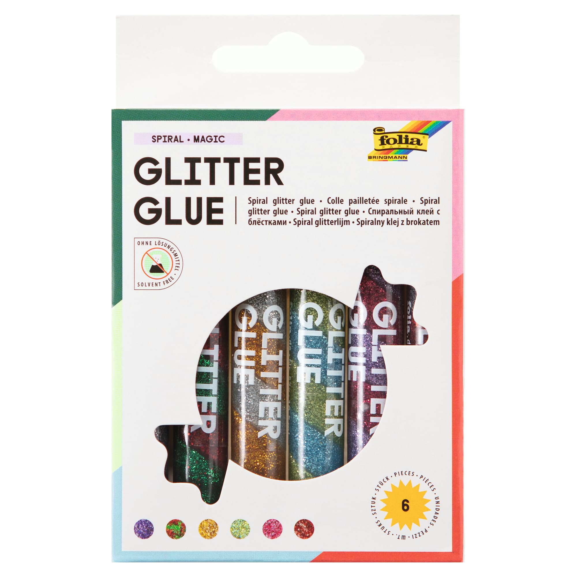 folia 575 Glitter Glue Spiral Basic Glue Sticks with Glitter, 6 Assorted Colours 10.5 ml Each for Painting and Decorating