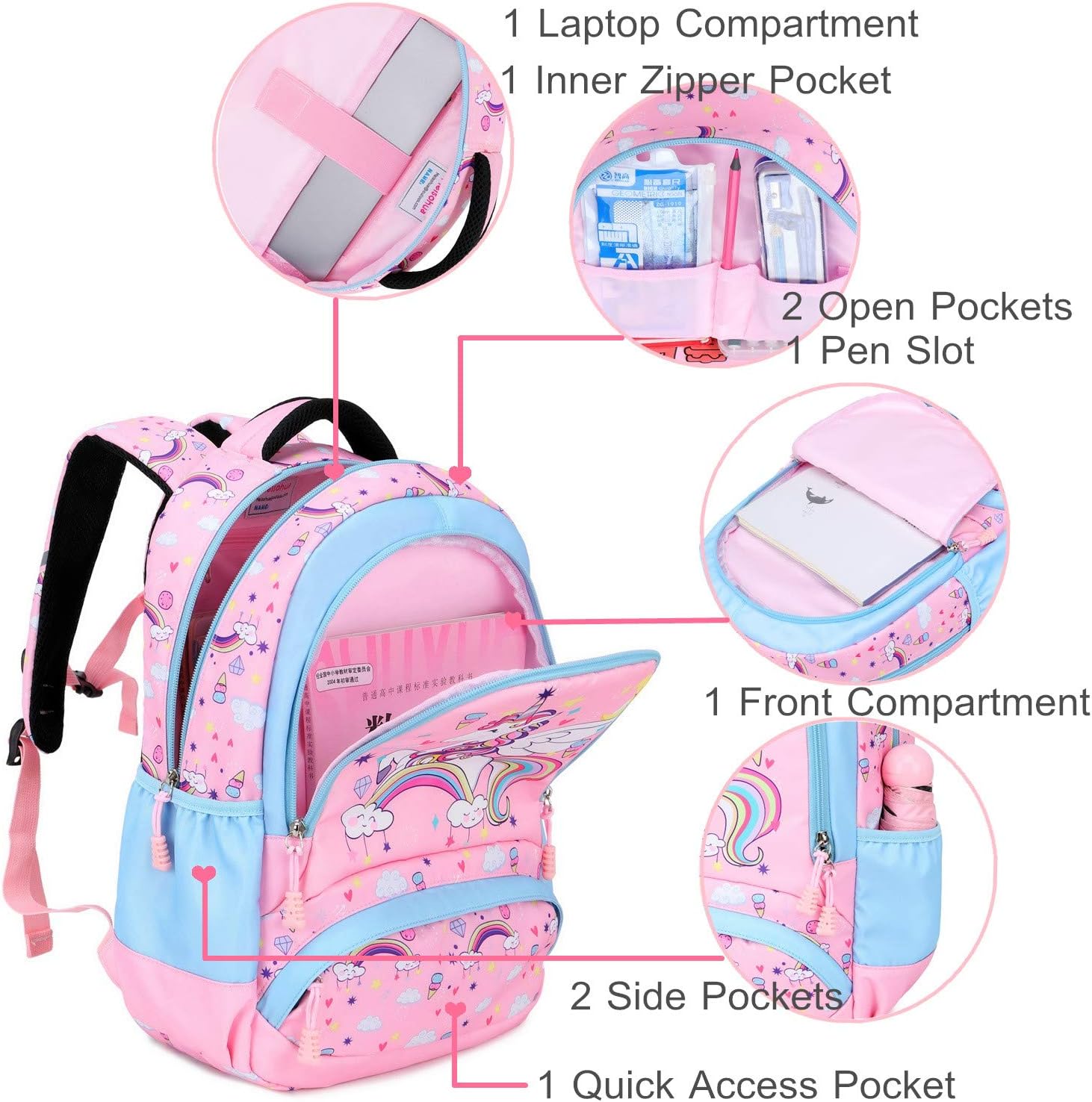 School Bags for Girls - Lightweight Unicorn Backpack Cute School Backpacks for Teengirls with Lunch Bag and Pencil Bag 3 Packs - Pink - Image 4