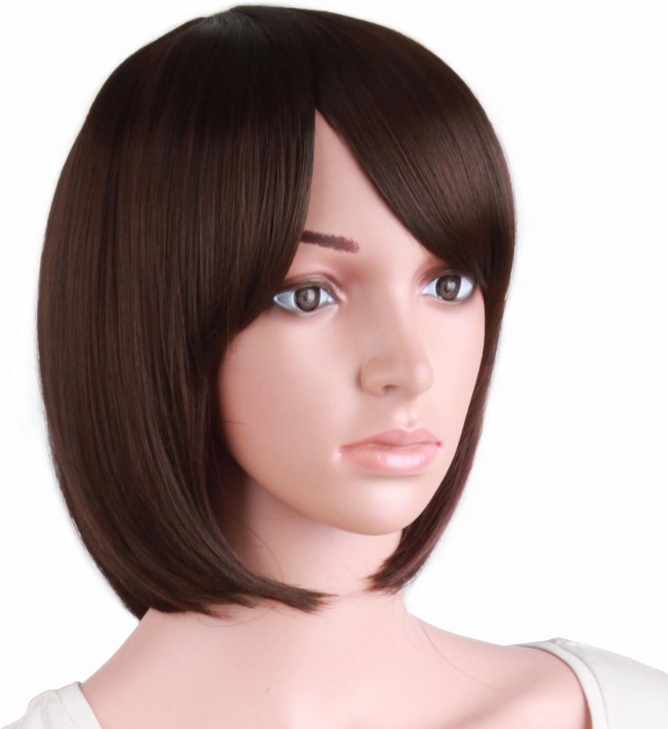MapofBeauty Bob Short Straight Side Bangs Synthetic Fiber Heat Resistant Hair Party Cosplay Wig (Dark Brown) - Image 3
