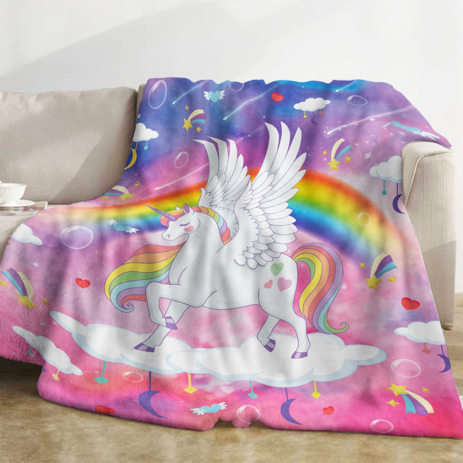 Domgoge Unicorn Fleece Throw Blanket, Unicorn Blankets for Girls, Soft Cozy Fleece Unicorn Rainbow Blanket Kids, Fluffy Fuzzy Flannel Unicorn Throw Blanket, 50''x60'' for Teen