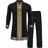 Mens African 2 Piece Set Nigerian Dashiki Shirt and Pants Outfit Gold Metallic Traditional Suit for Wedding Party Vacation