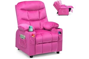 Costzon Kids Velvet Recliner Chair with Cup Holder, Footrest & Side Pockets for Children Boys Girls Baby Bedroom, Adjustable, Ergonomic Toddler Furniture Sofa Gifts (Rose)