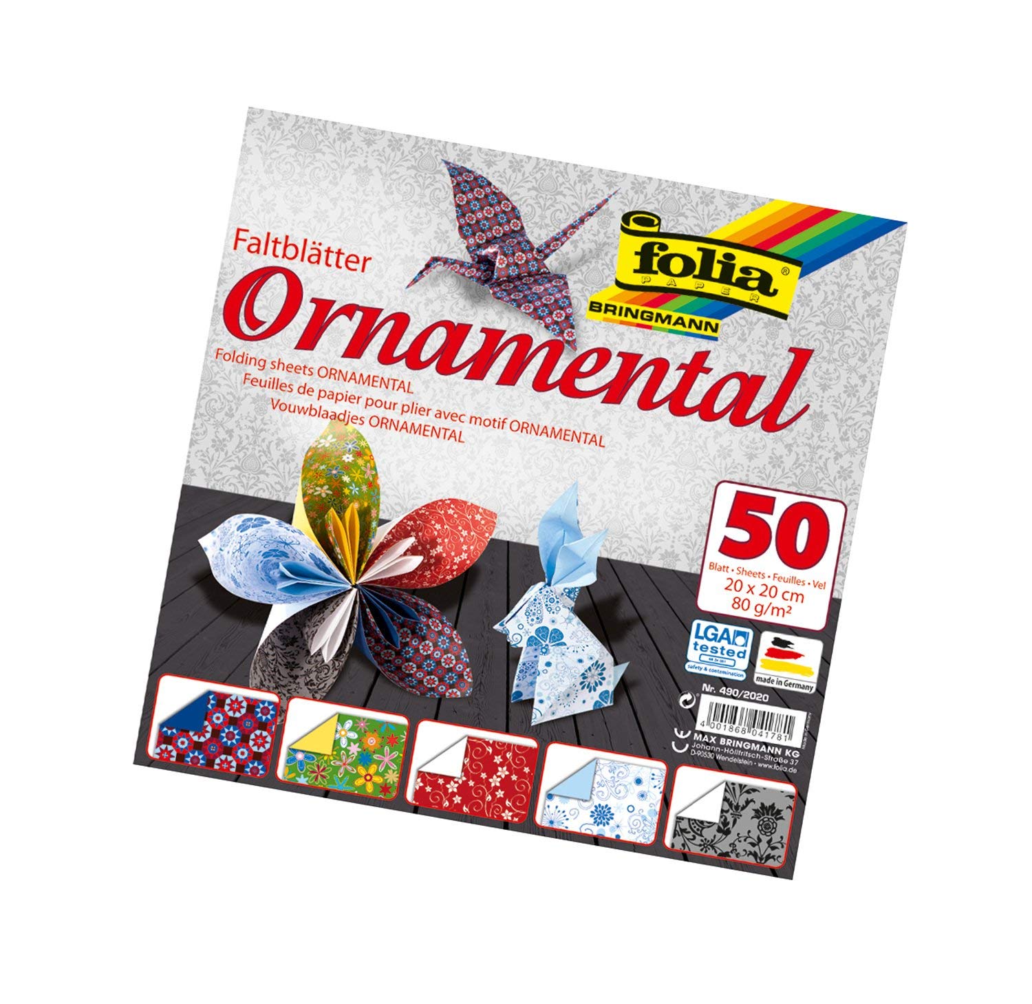 Bringmann Folia ornamental origami paper 80 g/m², 50 sheets in 5 designs, assorted, ORNAMENTAL 20x20cm, 20 x 20 cm