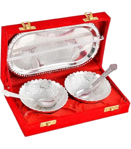 Amazon.com: PARIJAT HANDICRAFT 一組五件黃銅碗盤盤，附勺子印度皇家