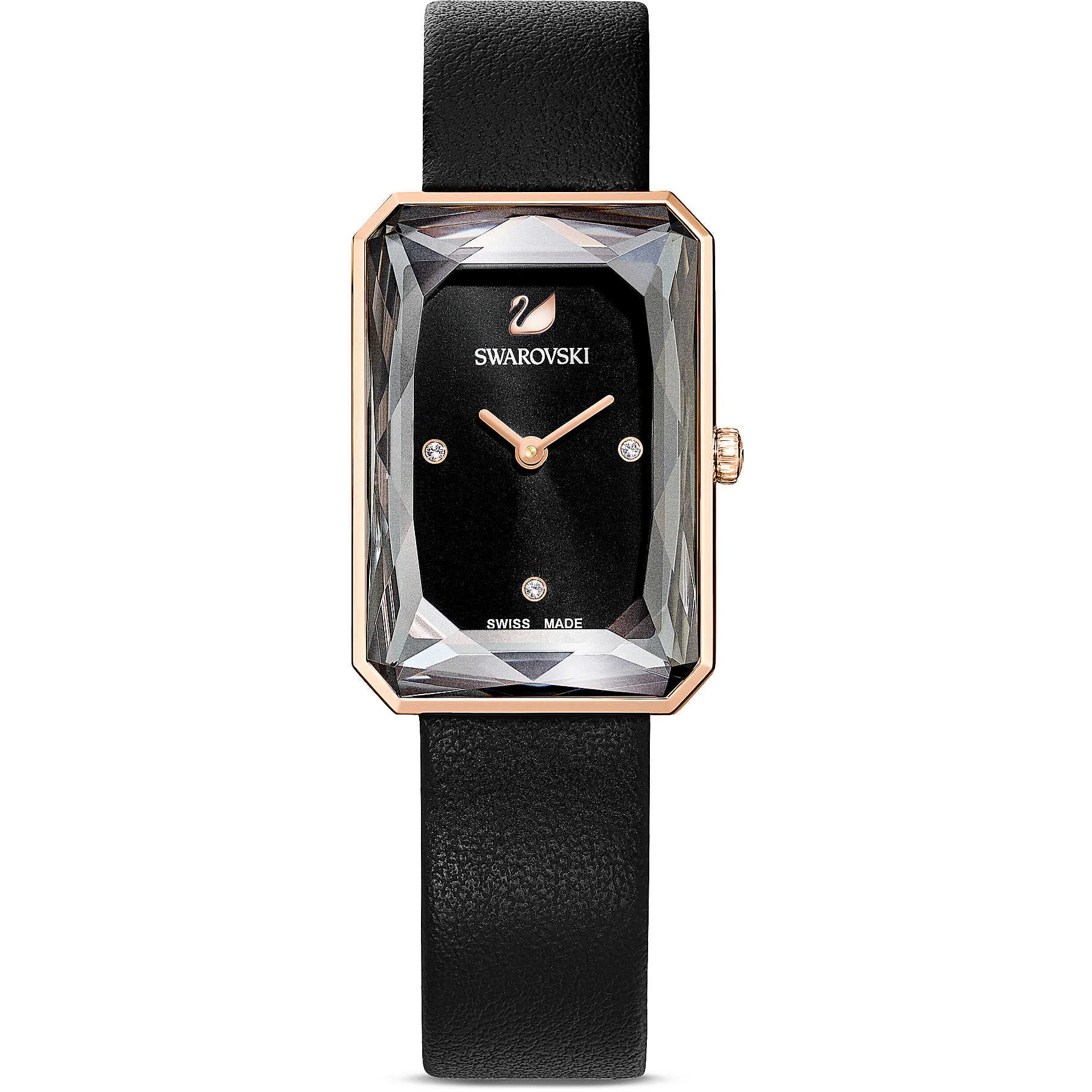 Swarovski Women's Uptown Analogue Watch, Black Watch Face, Black Leather Strap, 19cm, with Elegant Swarovski Crystals and Rose-Gold Tone Plated Metal