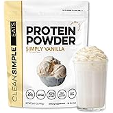 Clean Simple Eats Whey Protein Powder, Simply Vanilla Flavor Naturally Sweetened, 100% Grass Fed Protein Powder with Digestive Enzymes & No Artificial Ingredients, Gluten Free, 30 Servings