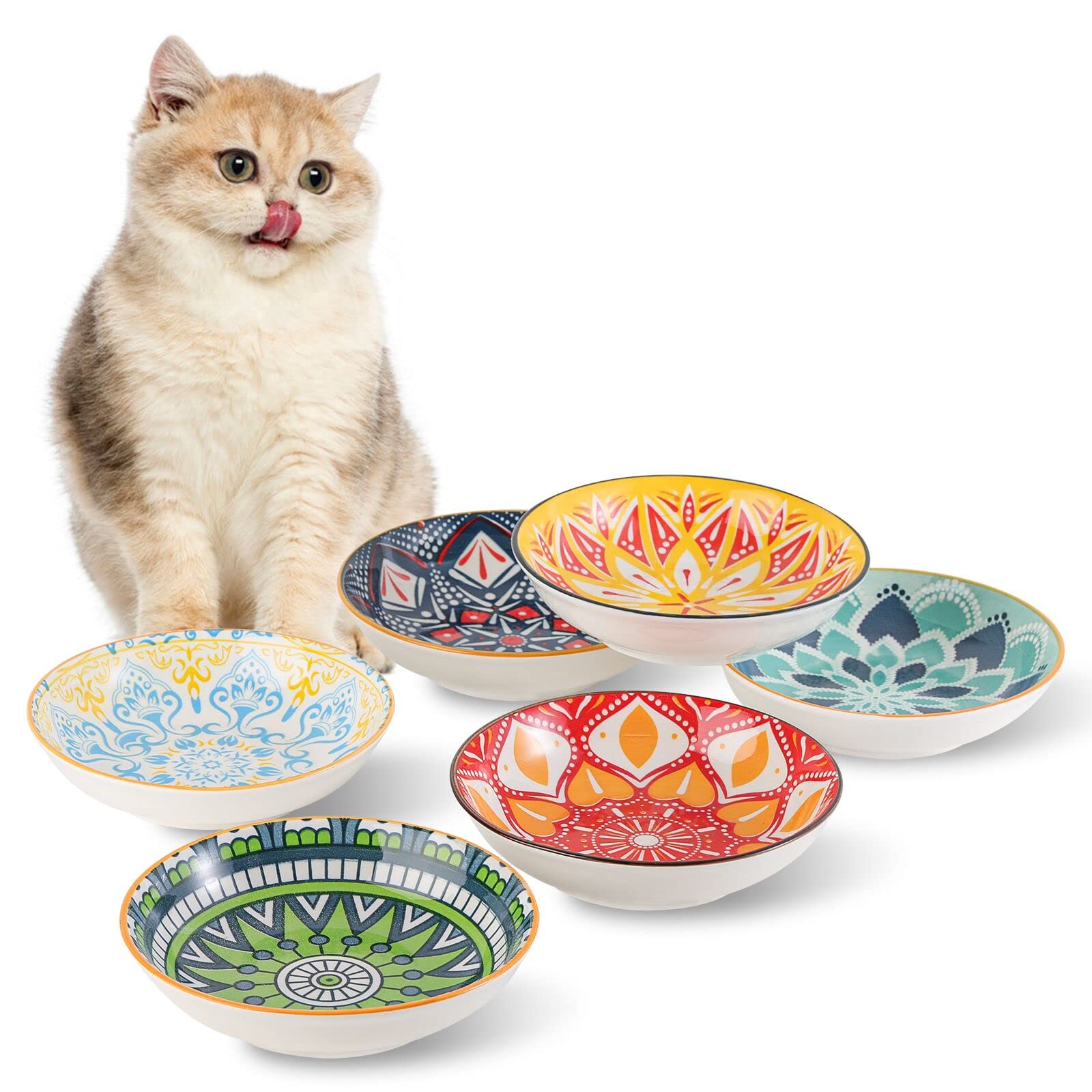 Photo 1 of Ceramic Cat Bowls Set of 6 - Colorful Cute Shallow Cat Dishes - 5.75-Inch, Whisker Friendly and Wide - Microwave & Dishwasher Safe - 8.5 oz (250 ml)