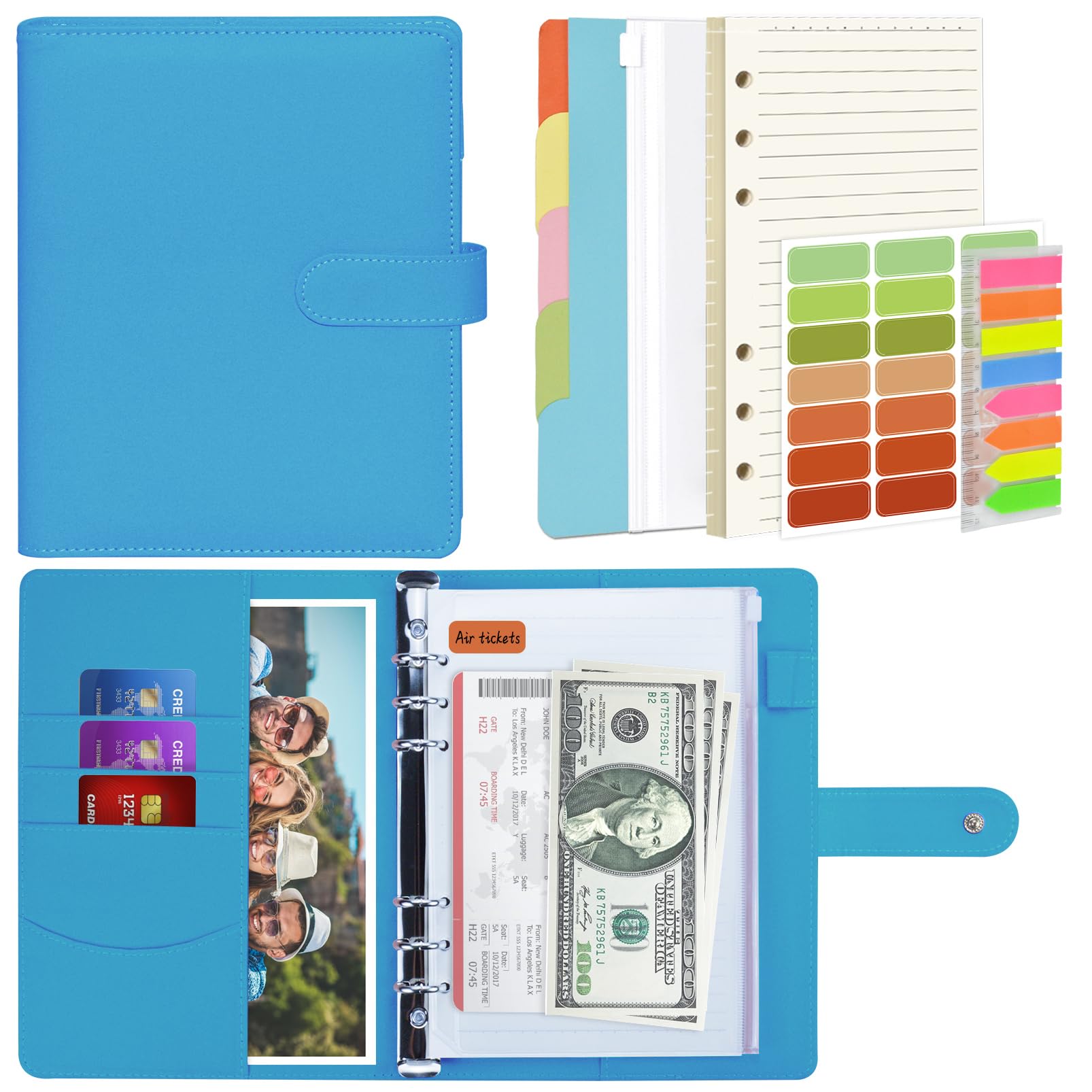 Mlife A5 Notebook Binder Set - 6 Ring PU Leather Planner,5 PCS File Divider,45 Sheets A5 Loose Leaf Paper,Label Stickers,Index Tabs and Clear Cash Envelopes,Personal Organizer Binder（Dark Blue）