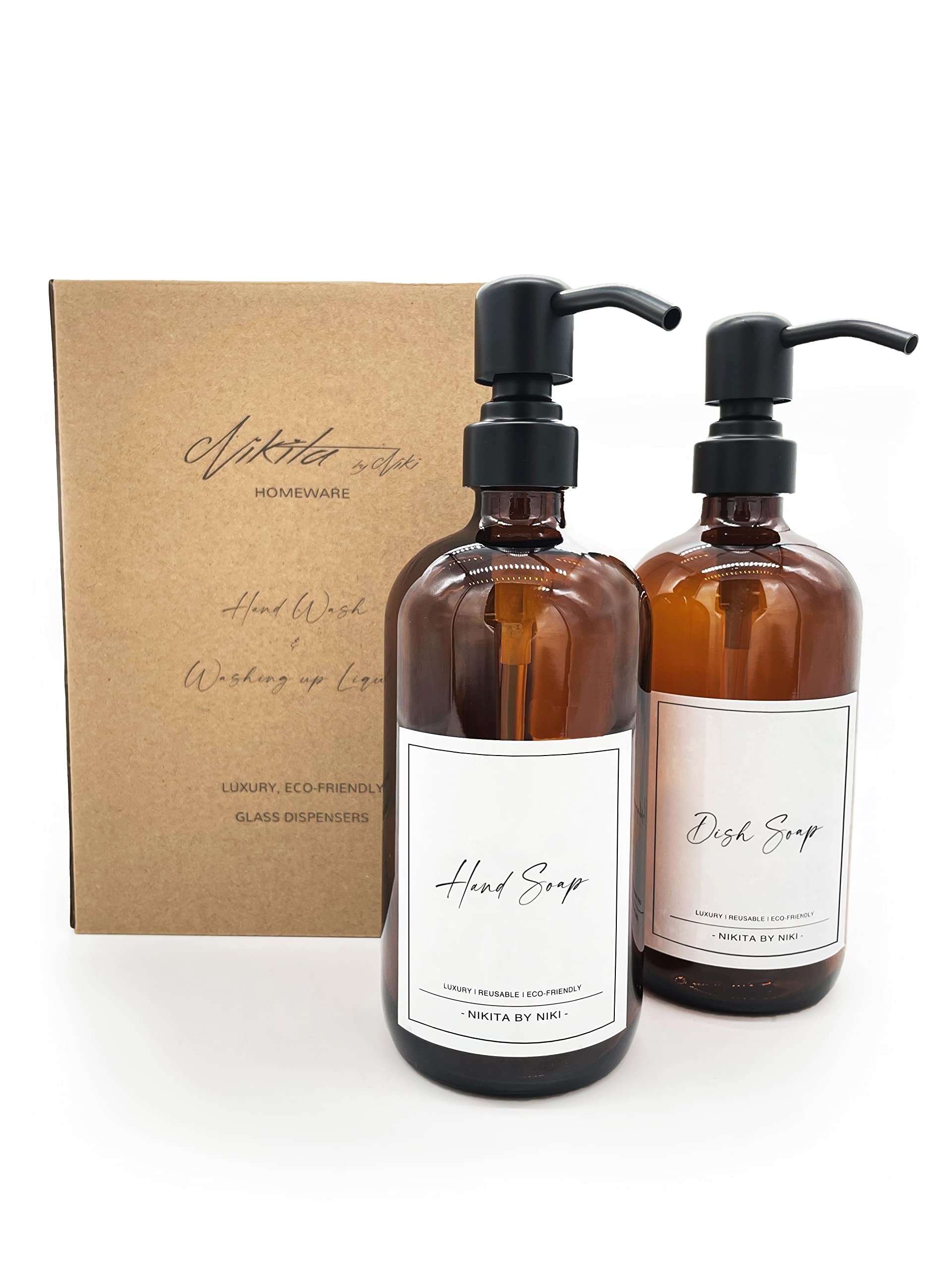 Luxury Glass Soap Dispensers - Brown Amber Soap Dispenser, Bathroom Dispenser Bottles, 500ml Bottles with Pump Dispenser - Waterproof Labels & Gift Box Soap Dispenser Set (Amber)
