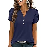 ANRABESS Womens Petal Short Sleeve Henley Shirts Summer 2026 V Neck Dressy Casual Blouses Spring Business Work Tunic Tops