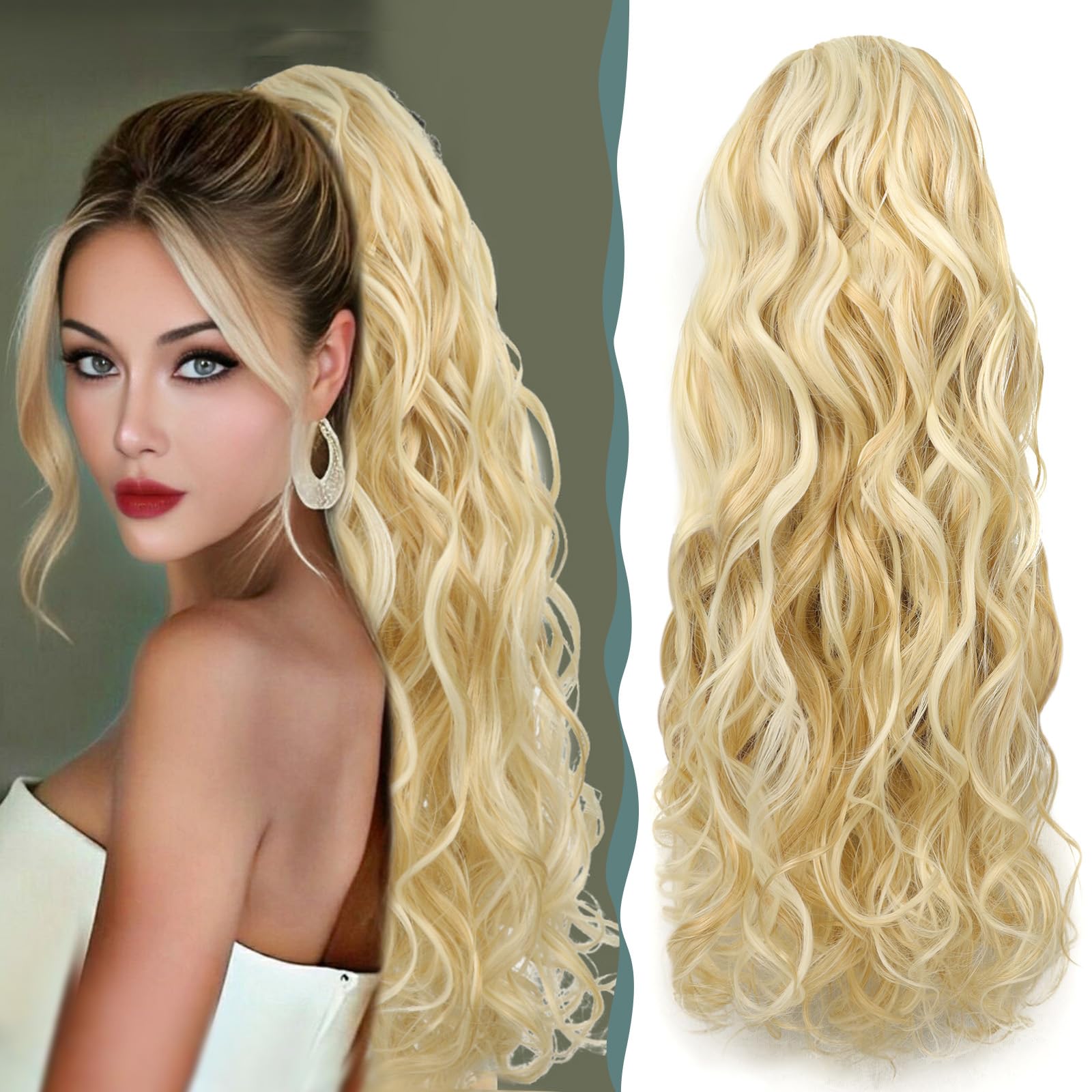 BHF Ponytail Extension - Long Curly Hair Extensions Ponytail Synthetic Drawstring Long Wavy Fake for Daily Use 26 inch（p18/613#）