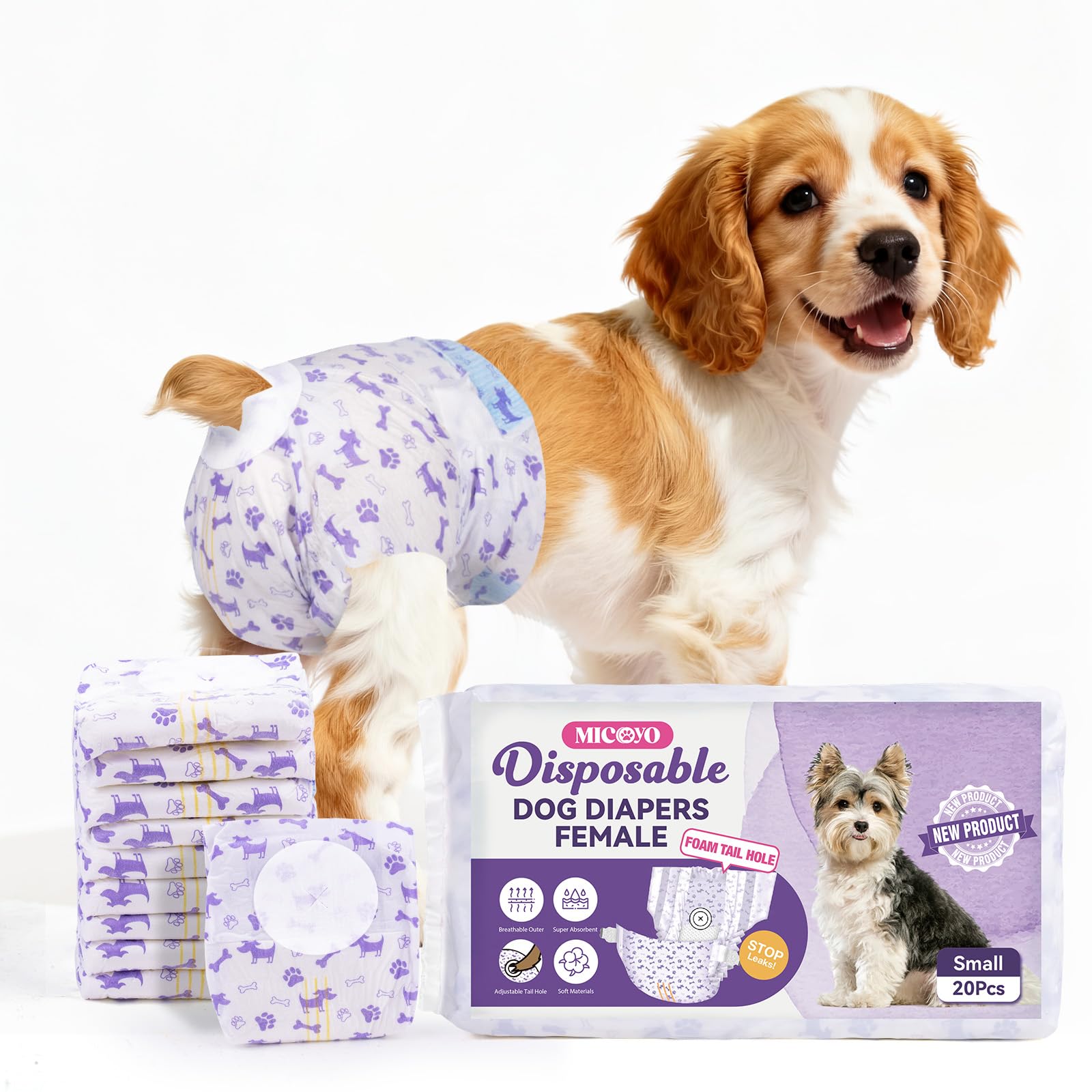 MICOOYO Dog Nappies Female 20 count, Disposable Dog Period Pants with Adjustable Tail Hole, Super Absorbent Diapers for Female Dogs Cat in Heat Season Incontinence(S)