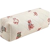 WHHJM Cute Floral Makeup Brush Bag Small Cotton Quilted Cosmetic Bag for Women Travel Toiletry Zipper Make Up Pouch (Bear)