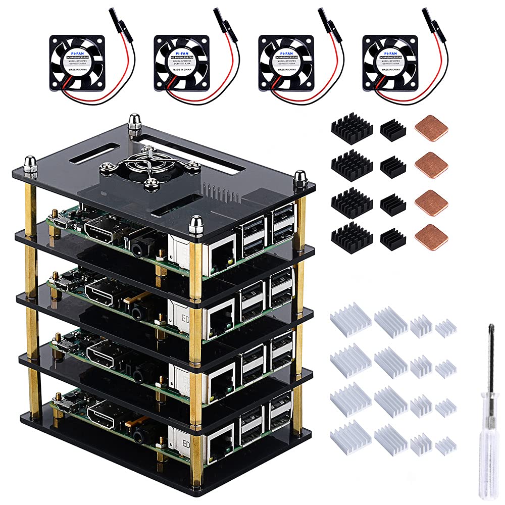 GeeekPi Cluster Case with Cooling Fan and Heatsinks for Raspberry Pi 4, 4 Layers Acrylic Stackable Case for Raspberry Pi 3B+/3/2 Model B — image 1