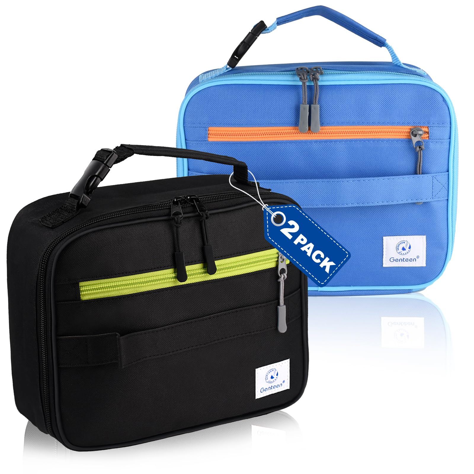 Photo 1 of 2 Packs Insulated Soft Lunch Bag With Double Zipper - Sturdy, Freezable and Reusable for Kids, Men - For School, Work, Outdoor (Black & Blue)