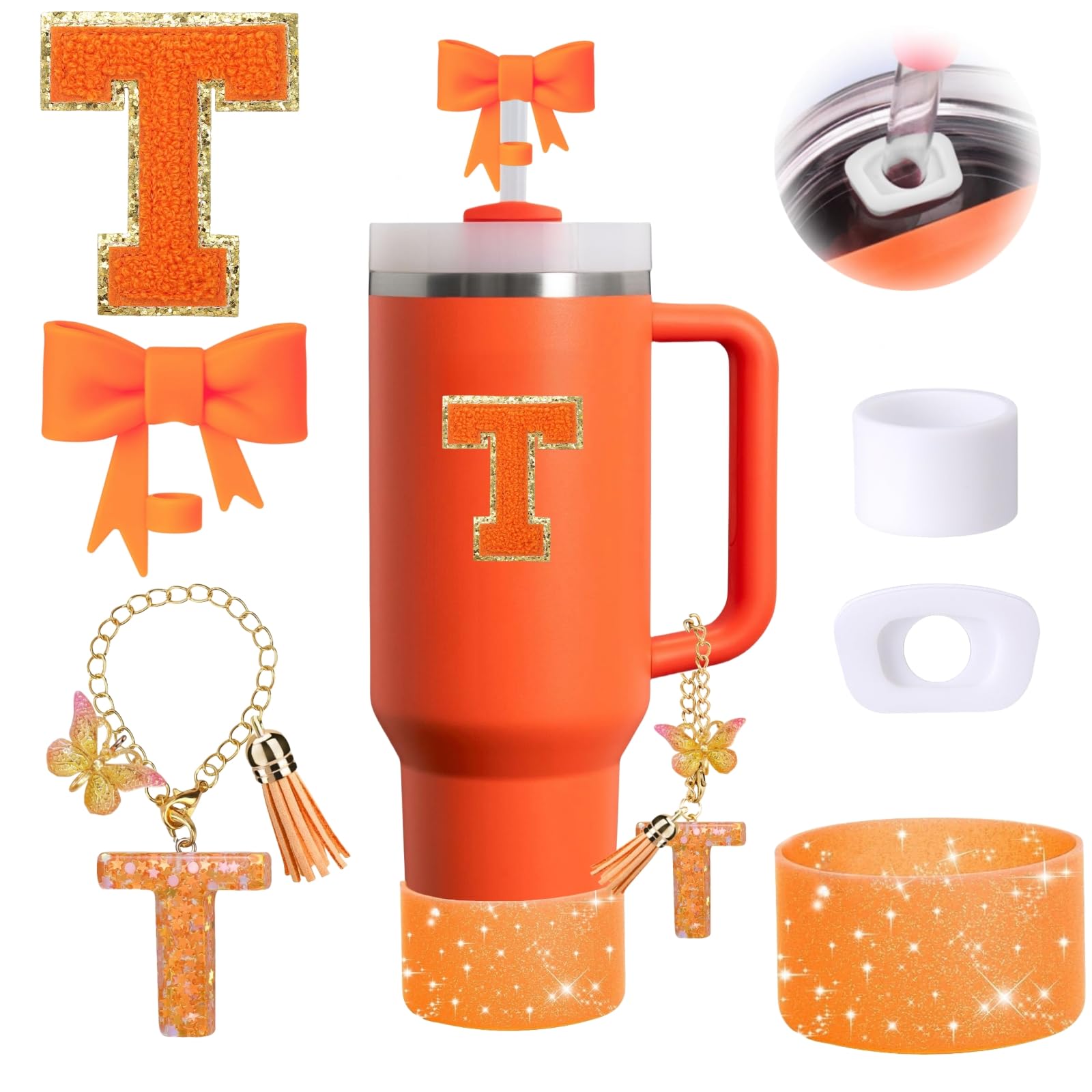 Photo 1 of 6PCS Orange Stanley Cup Accessories Set Fit for Stanley Cup 30oz 40oz,Including Spill Proof Stopper,Sparkly Silicone Boot,Bow Shape Straw Topper,Personalized Sticker,Handle Charm (Letter T)