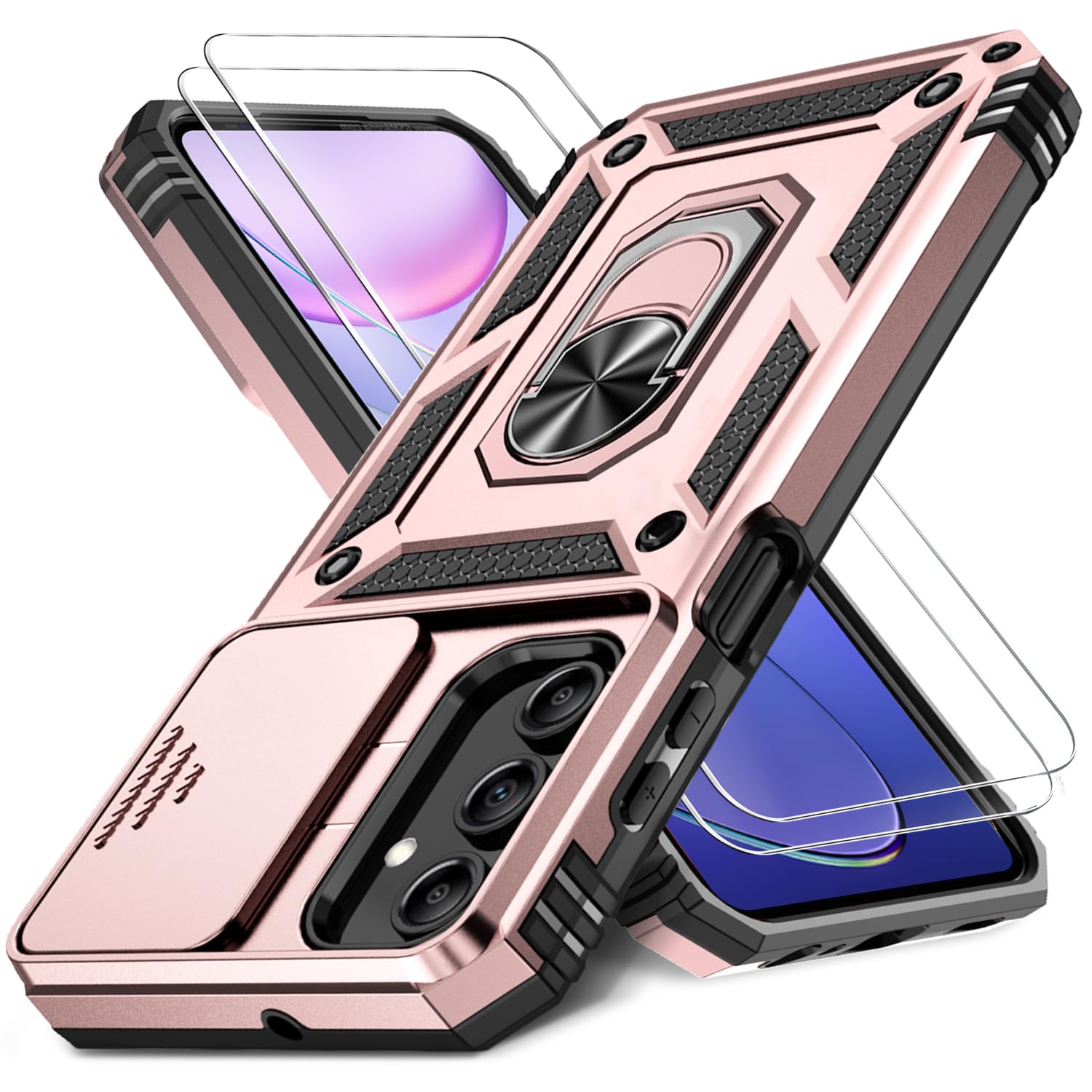 HakkTaoo Case for Samsung Galaxy A15 5G with Slide Camera Cover+Screen Protector(2 Packs), Military Grade Shockproof Protective Cover, Rotated Ring Kickstand(B - Rose Gold)