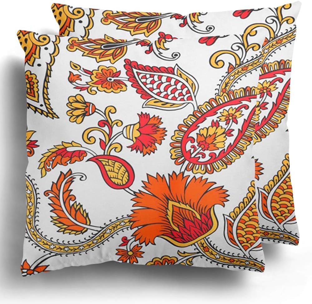 Staroden Throw Pillow Covers Pack of 2 Boho Fantasy Flowers Natural Floral Curl Paisley Block Kalamkari Polyester Square Cushion Case Home Decor 20 x 20 Inches