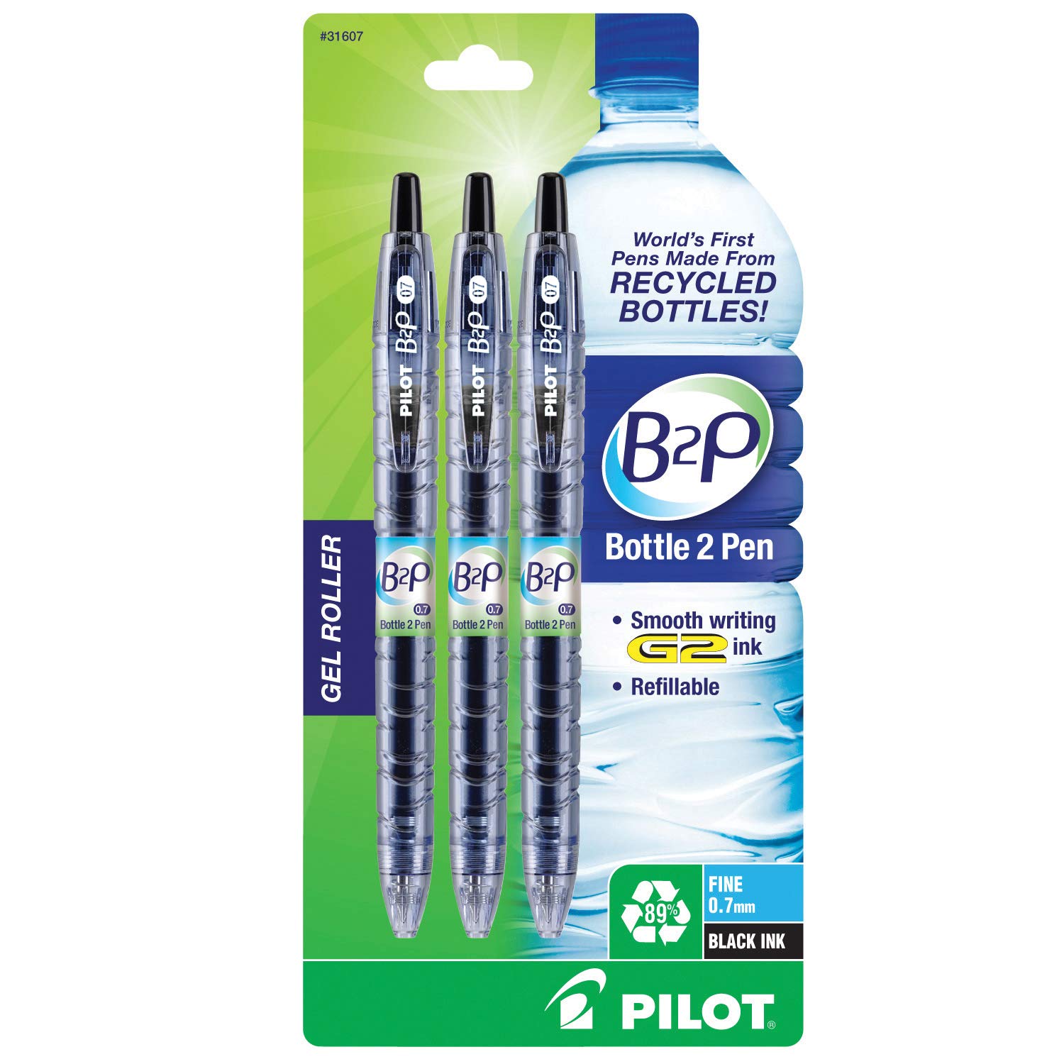 PILOT Bottle-2-Pen (B2P) Retractable Premium Gel Roller Pens Made from Recycled Bottles (3 Count) Fine Point, Black G2 Gel Ink, Refillable, Comfortable Grip (31607)