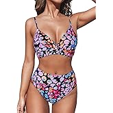 CUPSHE Women's Bikini Sets Two Piece Swimsuit High Waisted V Neck Twist Front Adjustable Spaghetti Straps Bathing Suit