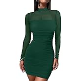 ANRABESS Womens Sexy Bodycon Mesh Ruched Mini Dresses Mock Neck Slim Fall Long Sleeve Cocktail Party Going Out Short Dress