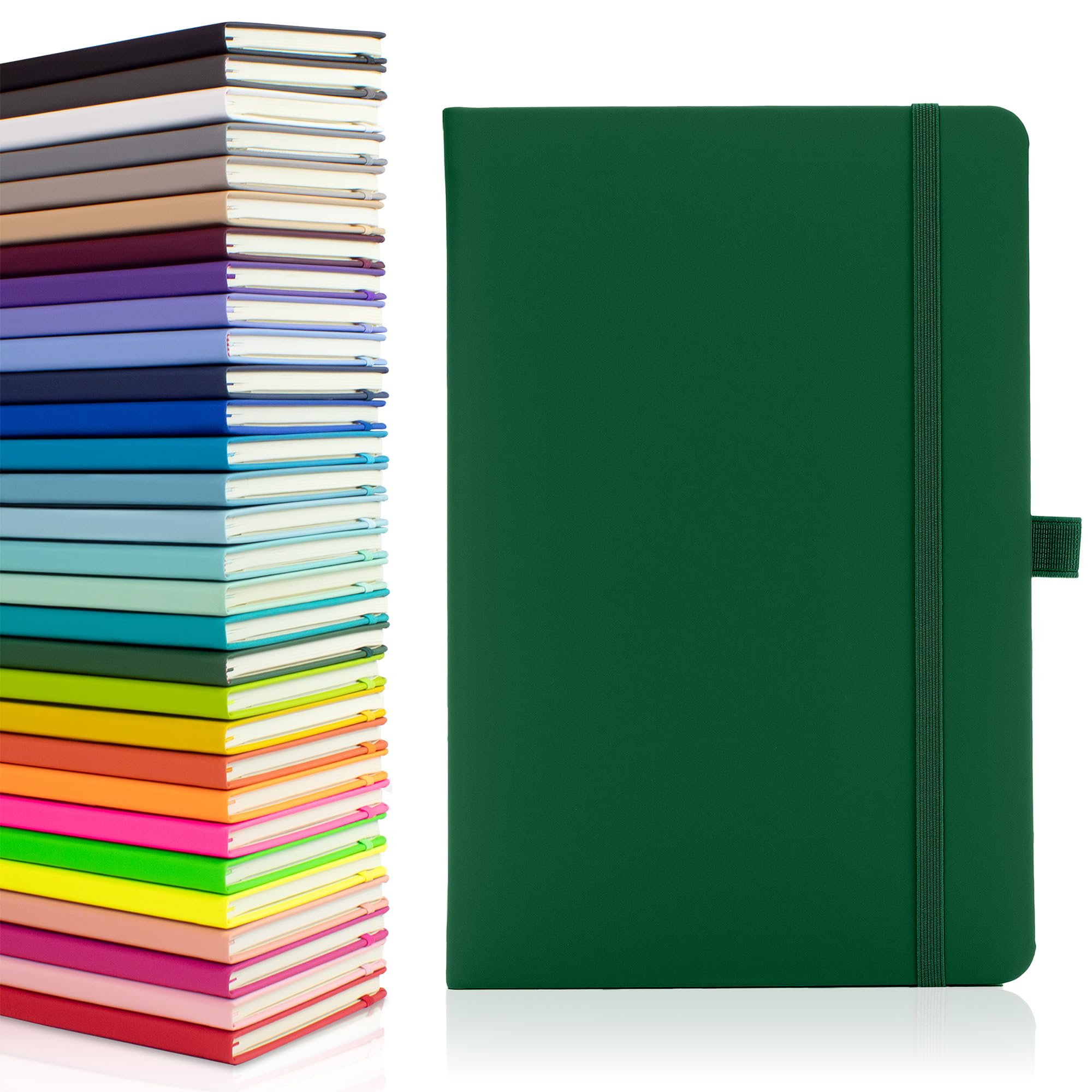 Notes London Eco A5 Notebook with Lined Pages, Pen Loop, Ribbon, Date Marks and Paper Pocket, Medium Hardback Journal, Note, sustainably sourced paper (Green)
