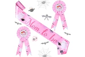 JOYMEMO Pink Halloween Baby Shower Decorations, Mom to Be & Dad to Be Badge, Mom to Be Sash for Daddy and Mommy Halloween Baby Shower Party Favors, Gender Reveal Party Supplies