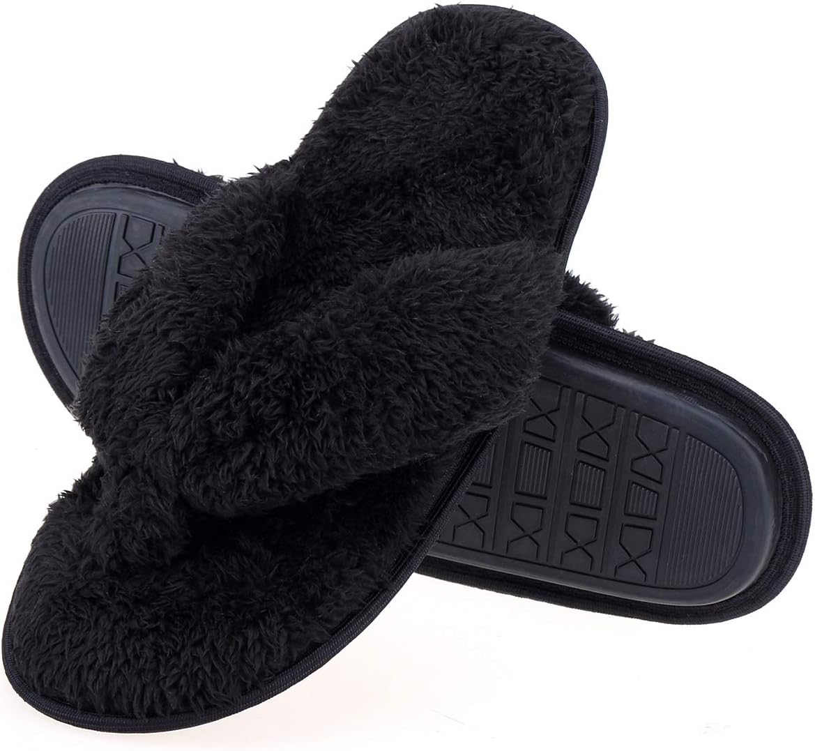 Onmygogo Plush Indoor Flip Flop Slippers for Women, Double Color Fleece Slippers with Wide Straps