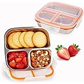 MACTANO Stainless Steel Snack Containers with Lids, 2 Pack Reusable Snack Box 3 Compartments Metal Bento Box Divided Food Containers