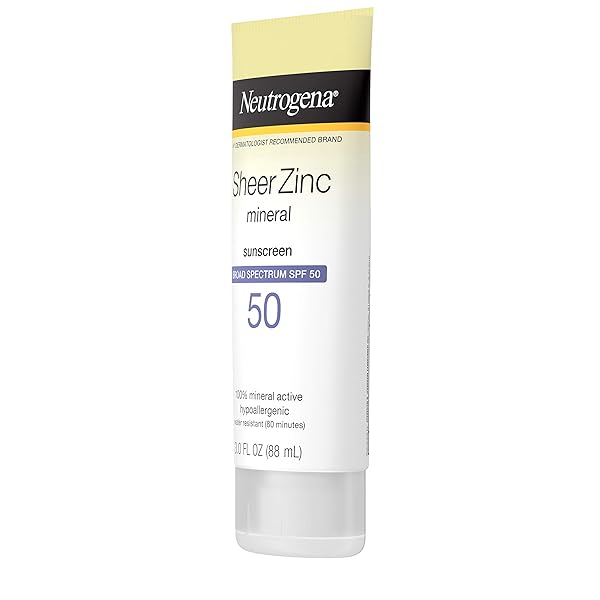 NEUTROGENA SHEER ZINC OXIDE DRY-TOUCH SUNSCREEN LOTION WITH BROAD SPECTRUM SPF 50, WATER-RESISTANT, HYPOALLERGENIC & NON-GREASY MINERAL SUNSCREEN, 3 FL. OZ