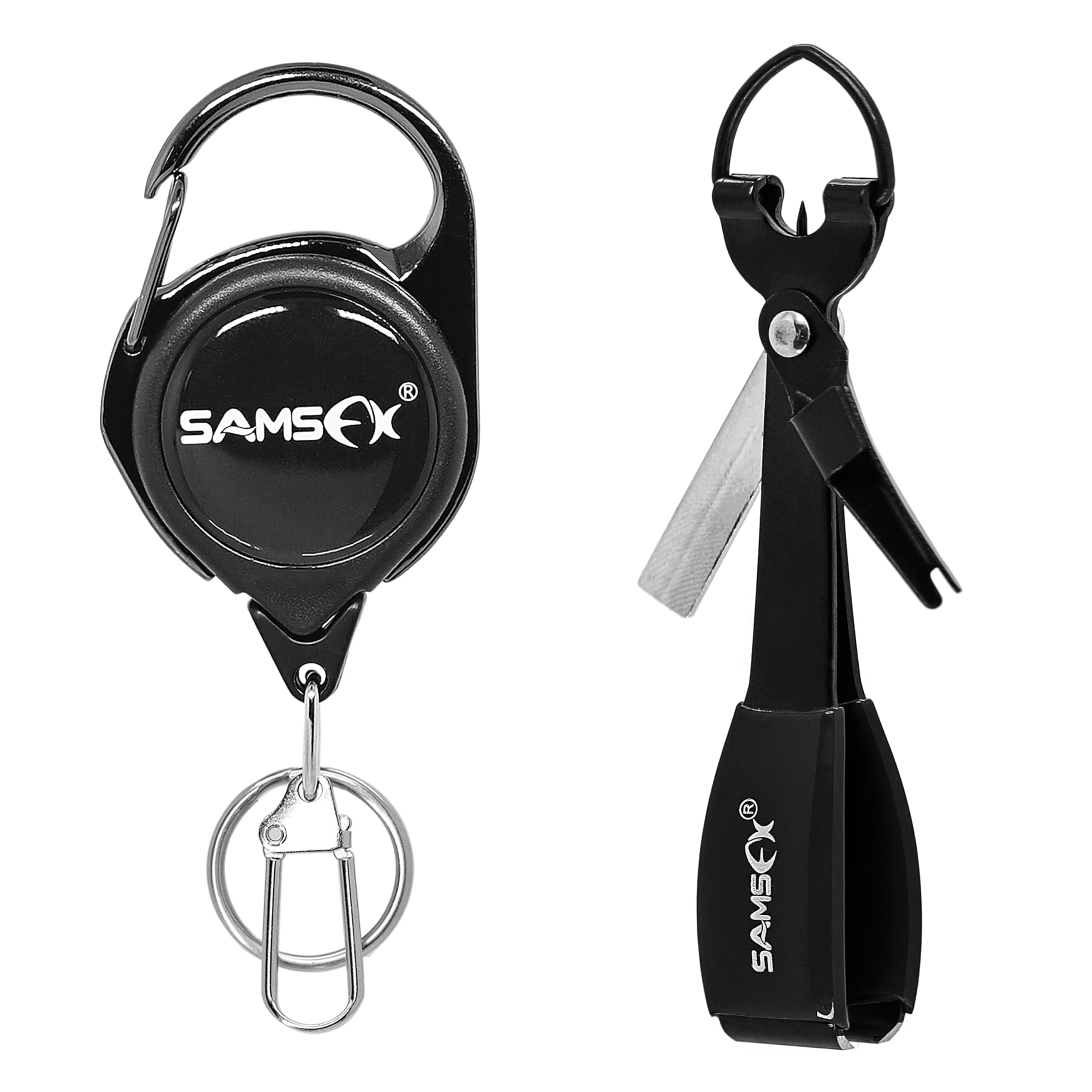 SAMSFX Fishing Quick Knot Tying Tool 3.7" Large Size 4 in 1 Mono Line Clipper with Zinger Retractor Combo (Carabiner Style Zinger & Black Knot Tool, Black Grip)