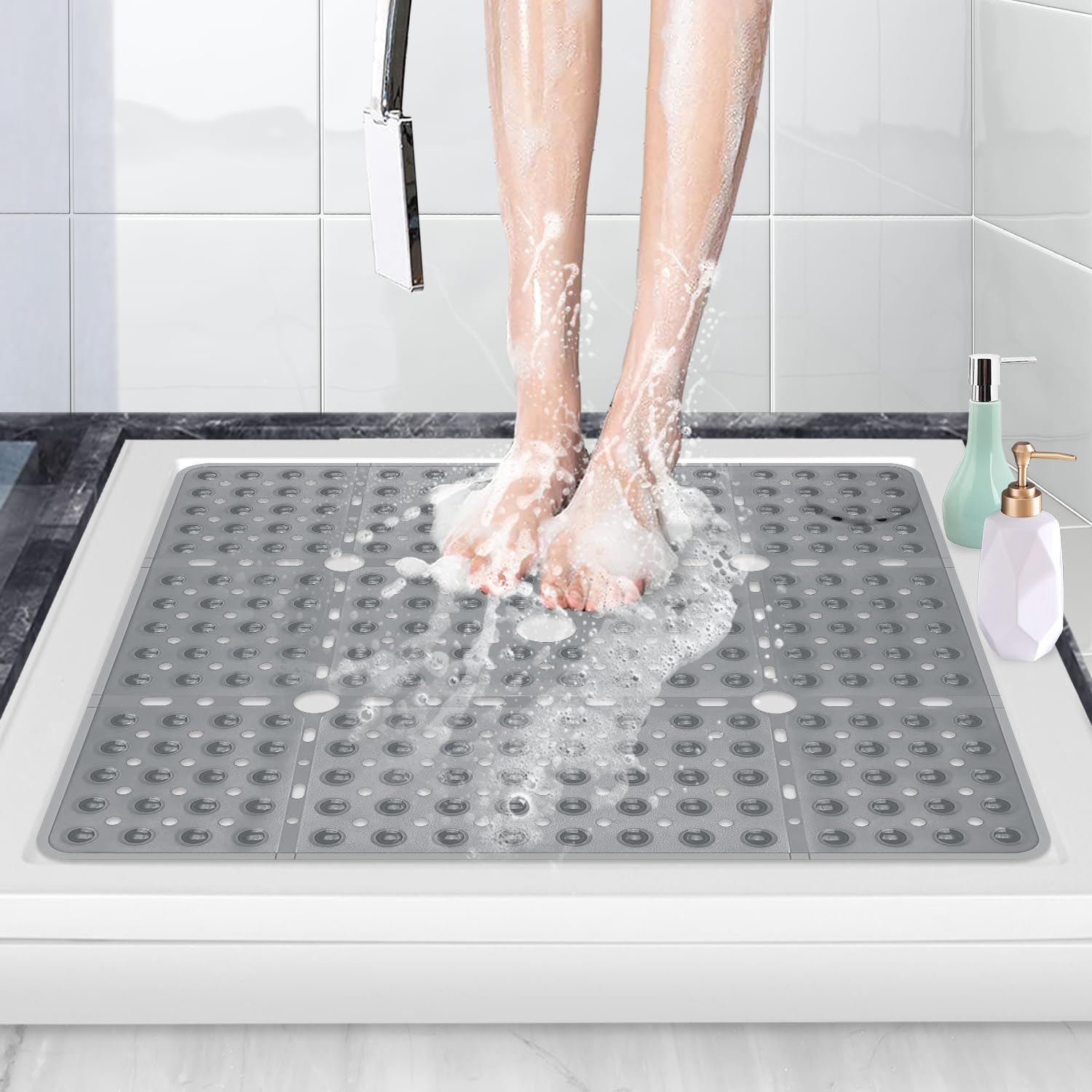 ZOKBOM Square Shower Mat Non Slip 70x70cm | Extra Large Shower Mats for Inside Shower with Suction Cups & Drain Holes | Anti Mould Rubber Bathtub Mats for Bathroom, Machine Washable (Grey)
