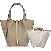 HRANRA Genuine Leather Lock Design Bucket Bag for Women, Vegetable Basket Fashionable Versatile Handbag (Grey)