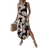 Zeagoo Women Floral Summer Casual Beach Printed Tank Dress with Pockets Pleated Front Long Dress