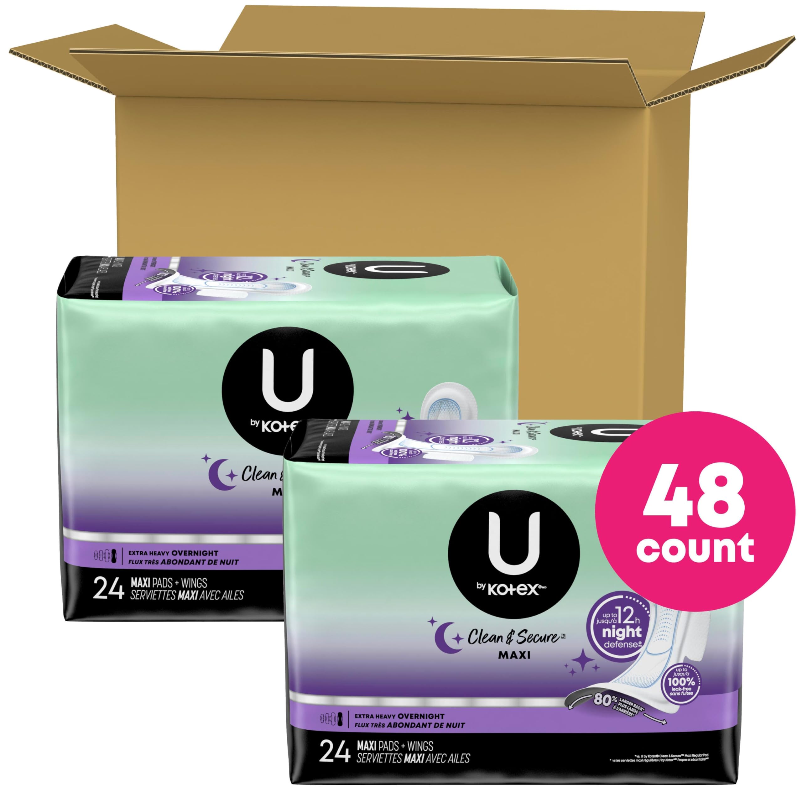 U by Kotex Clean & Secure Overnight Maxi Pads with Wings, Extra Heavy Absorbency, 48 Count (2 Packs of 24) (Packaging May Vary)