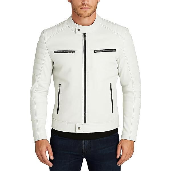 AKS Mode Cafe Racer Men's White Leather Jacket | White Real