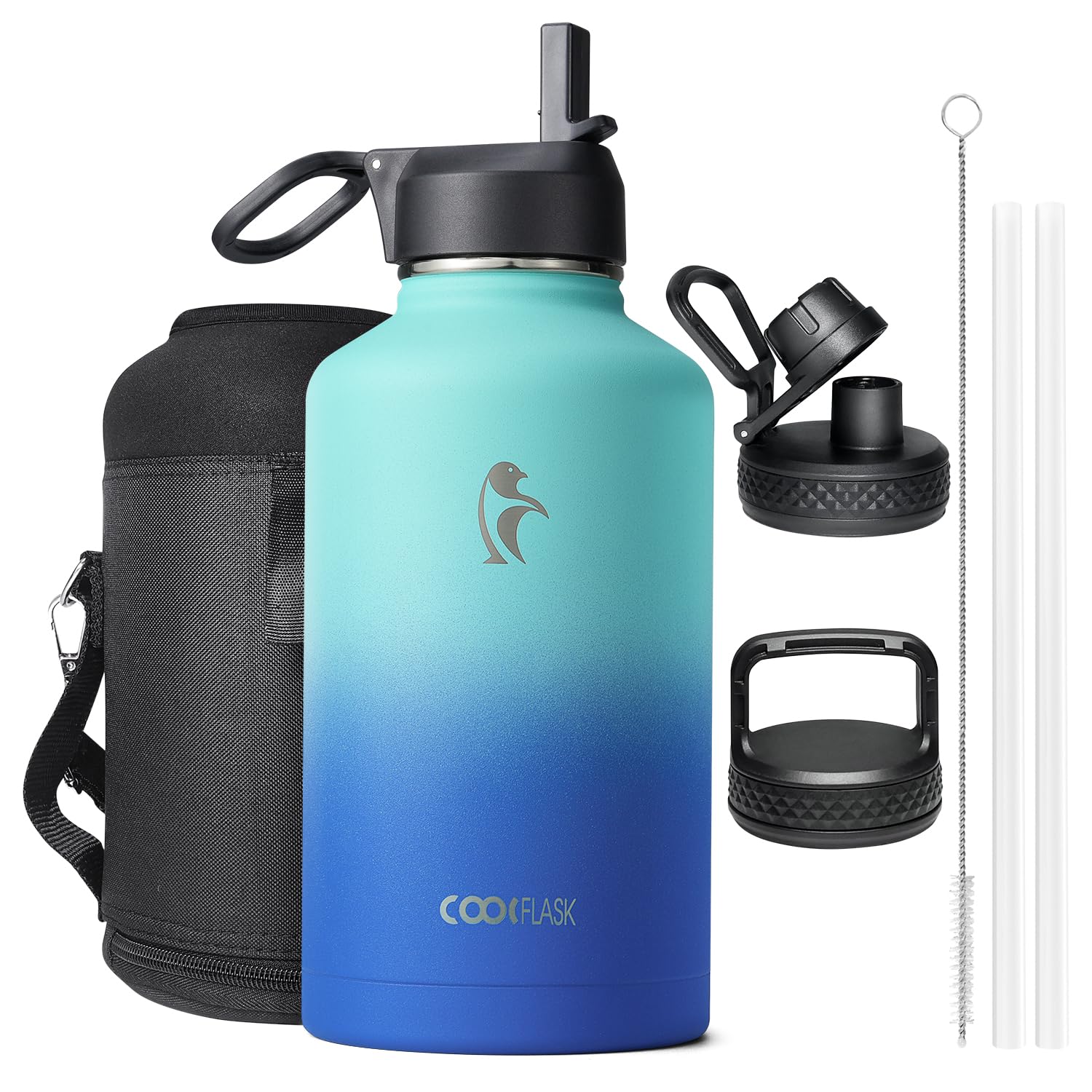 Coolflask Insulated Water Bottle 2L, 3 Lids with Straw & Spout & Handle, Leakproof Vacuum Stainless Steel Water Bottle for Sports, Travel, Gym, 48H Cold & 24H Hot, BPA Free, Gradient Blue