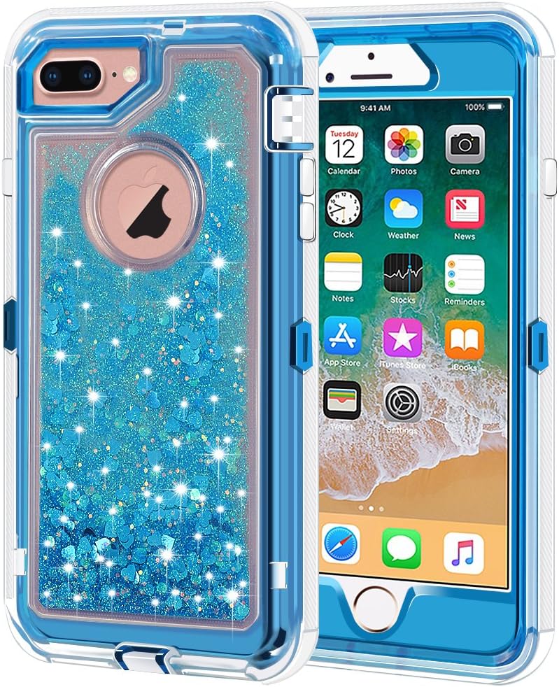 Anuck Case for iPhone 8 Plus Case, for iPhone 7 Plus Case 5.5 inch, 3 in 1 Hybrid Heavy Duty Defender Case Sparkly Floating Liquid Glitter Protective Hard Shell Shockproof TPU Cover - Blue