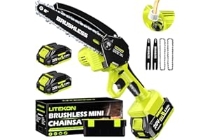 LITEKON Brushless Mini Chainsaw for Garden Wood Cutting, 1000W Super Power 6 Inch Cordless Electric Chain Saw with 4000mAh Lithium Ion Battery and Quick Charger (RyobiGreen)