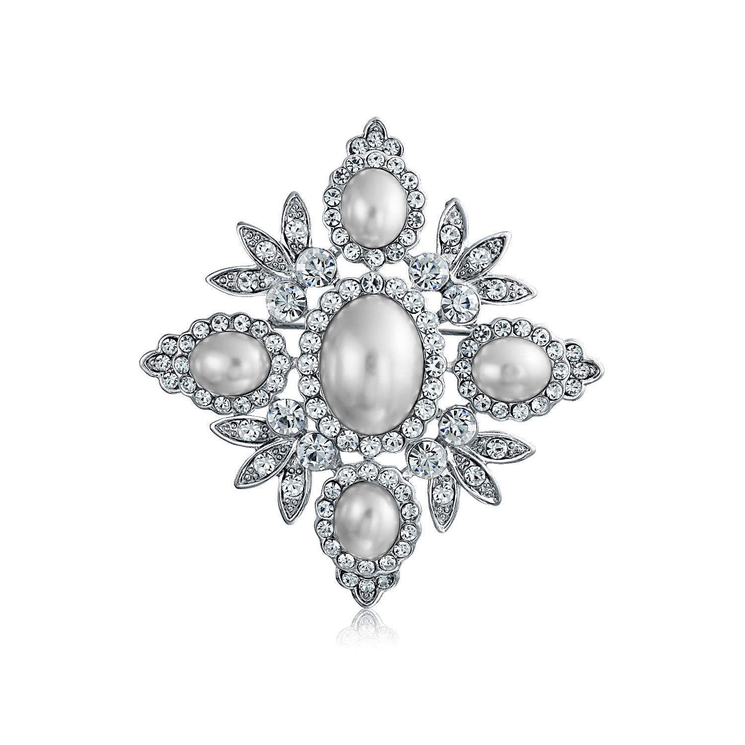 Bridal Vintage Style Large Statement Fashion Crystal Leaf Flower White Simulated Pearl Wedding Brooch Pin For Women Silver Gold Tone Rhodium Plated Brass