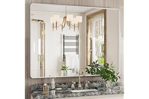 JISOSO White Bathroom Mirror 48x36 Inch, White Metal Framed Bathroom Mirror for Wall, Rounded Rectangle Matte Bathroom Vanity Mirror, Tempered Glass, Anti-Rust, Horizontal/Vertical