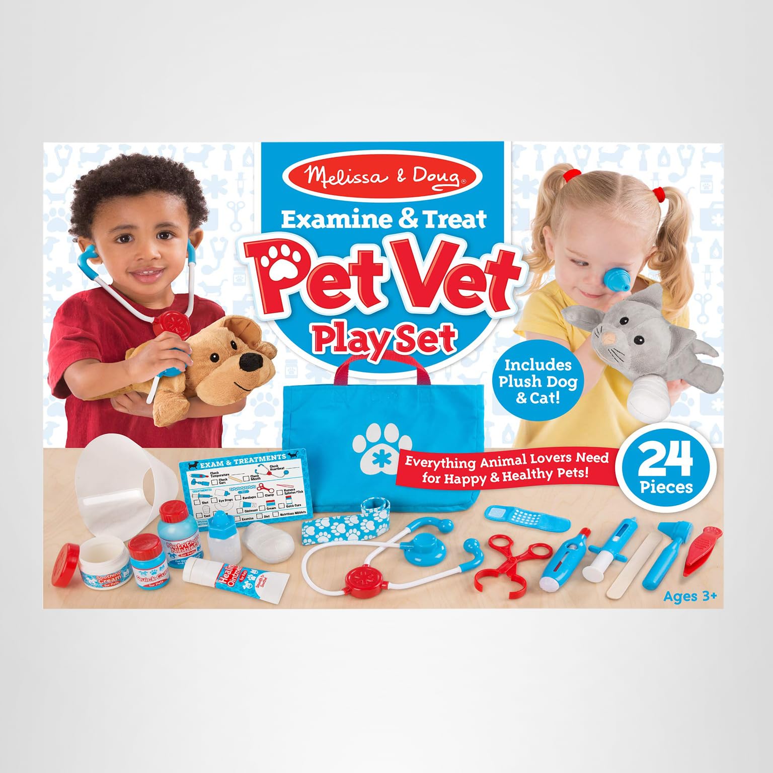 Melissa & Doug Examine and Treat Pet Vet Play Set, 24-Piece Animal Doctor Playset with Dog & Cat Plushies, Pet Doctor Kit & Accessories, Preschool Toys for Girls & Boys Ages 3+