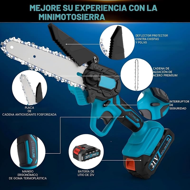 Mini Motosierra Bateria 6 Pulgadas, 1000W Motor Sin Escobillas Motosierra Eléctrica con 4000mAh Baterías y 2 Cadenas, Motosierra de Mano Portátil Inalámbrica para Podar Árboles de Jardinería y Madera